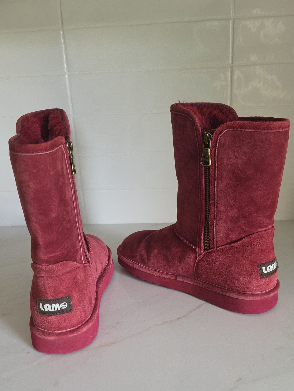 Lamo Women's Suede Mid-Calf Zip Boots in Burgundy Red Size 7
